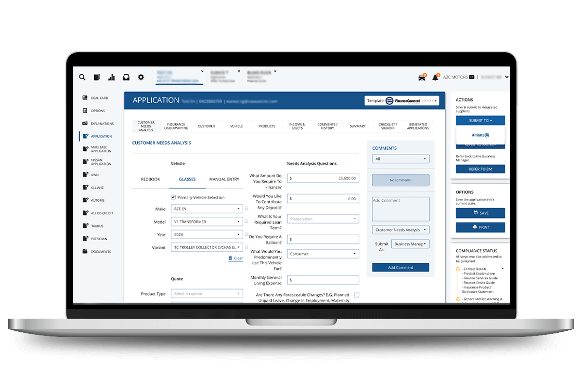 FinanceConnect finance application with customer needs analysis, lender submission and compliance status
