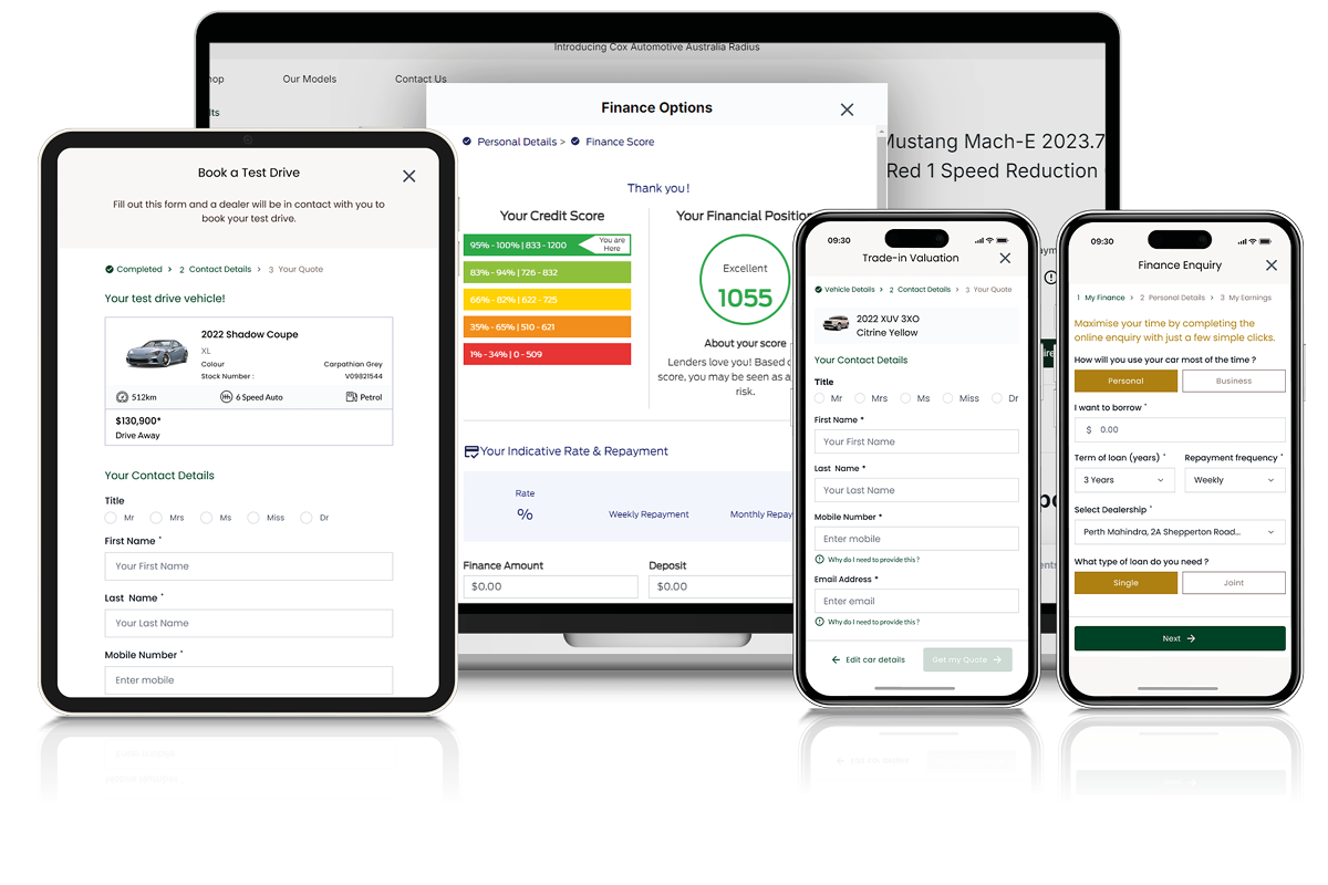 Radius dealership website with test drive booking, finance score and trade-in valuation journeys across devices